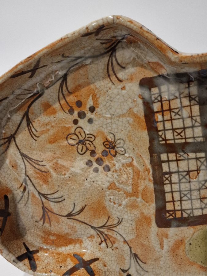 Antique Japanese Oribe Yaki asymmetrical pottery tray. Signed. 