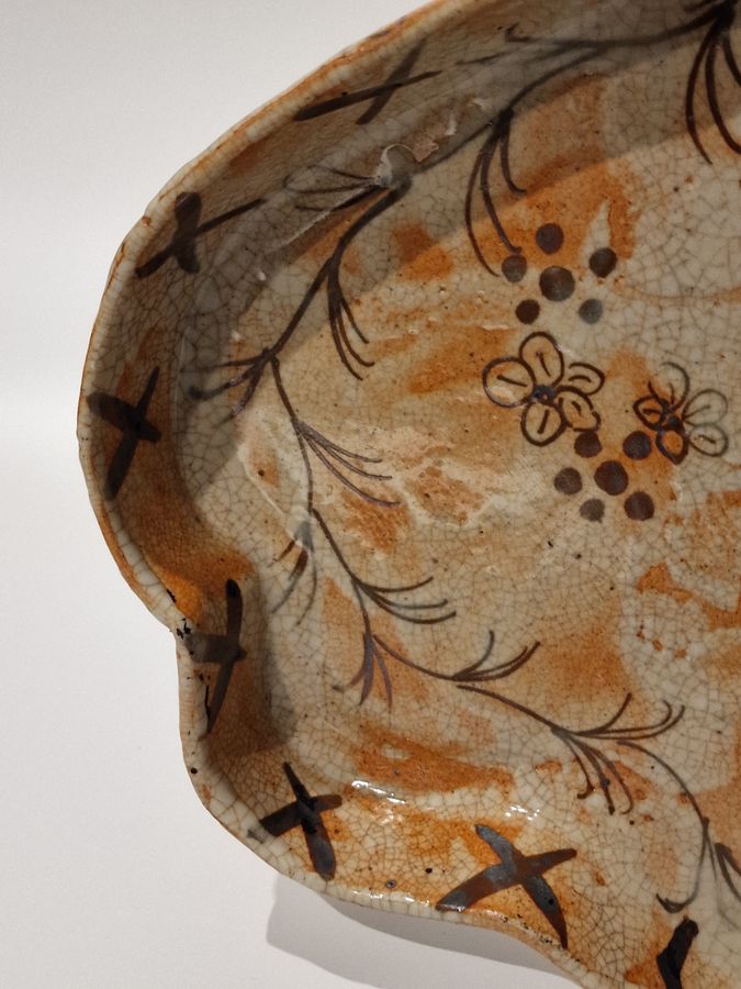 Antique Japanese Oribe Yaki asymmetrical pottery tray. Signed. 