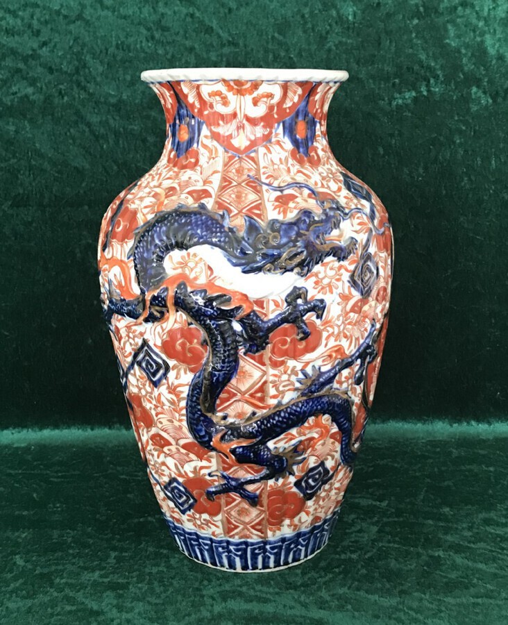 Blue Dragon, Imari Ribbed Vase, Circa 1900