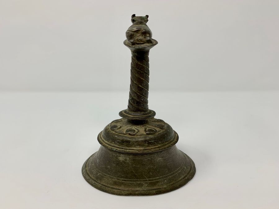 Antique Antique Hindu Metal Ritual Bell, Spiral Handle, South India, Circa 19th Century