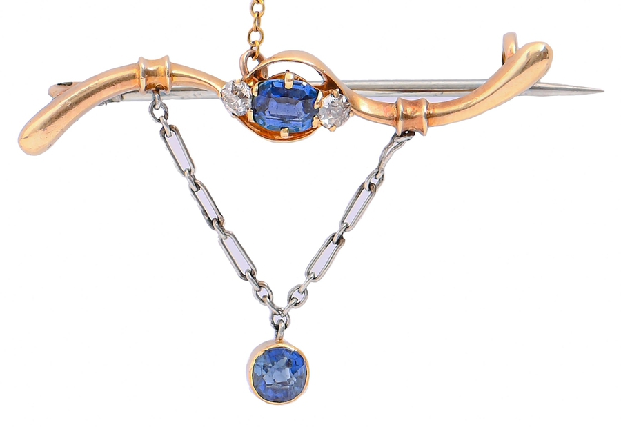 Antique Sapphire and Diamond Bar Brooch In Gold Circa 1900