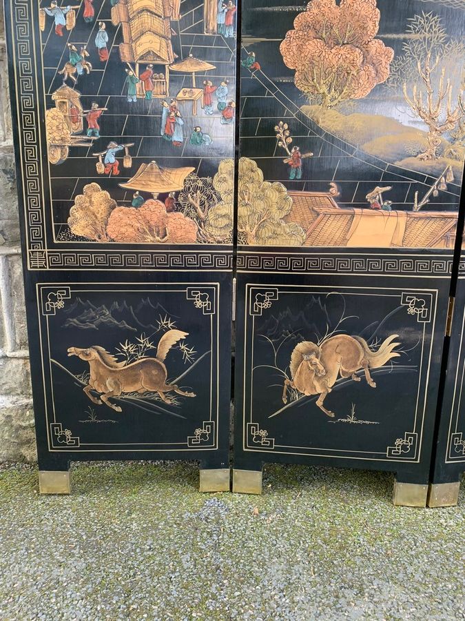 Antique Oriental Lacquered Chinoiserie 6 Fold Dressing Screen