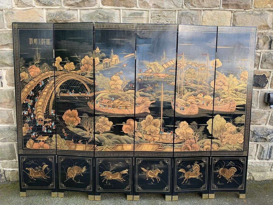 Antique Oriental Lacquered Chinoiserie 6 Fold Dressing Screen