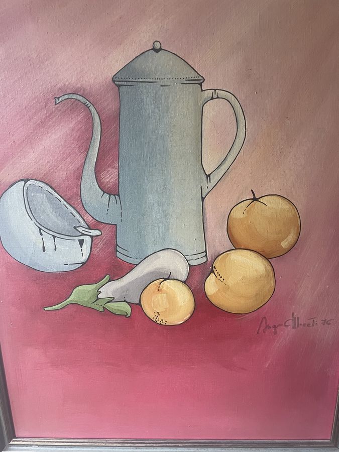 Antique Vintage Still Life Of Fruit And Coffee Pot