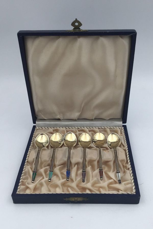 Antique A. Michelsen Gold Plated Sterling Silver Moccasin Spoons with Enamel(6)