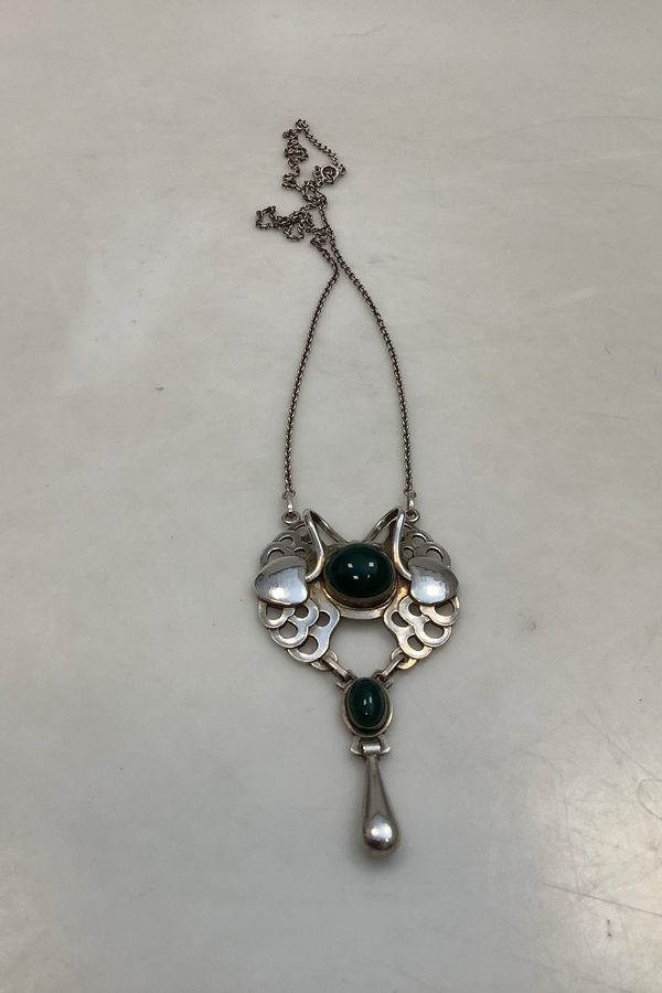 Antique Georg Jensen Sterling Silver Pendant with Green Stone No 702