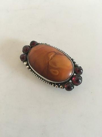 Antique Mogens Ballin Silver Brooch with Amber and Red Stones