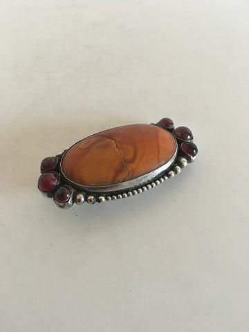 Antique Mogens Ballin Silver Brooch with Amber and Red Stones