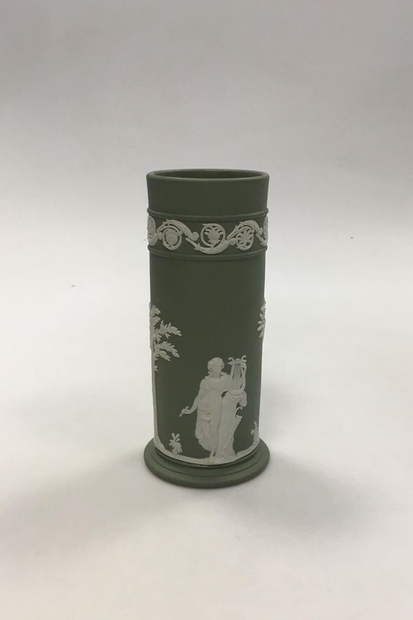 Antique Wedgewood Cylindrical vase decorated with lyre-playing goddesses. Measures 16.5 cm (6 1/2 in.)