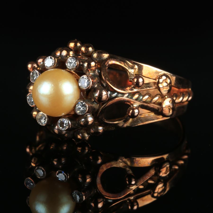 Antique 19K Gold Ring - Pearl and Diamonds