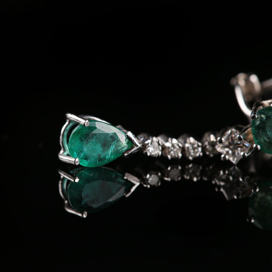 Antique 19K White Gold Earrings - Emeralds and Diamonds