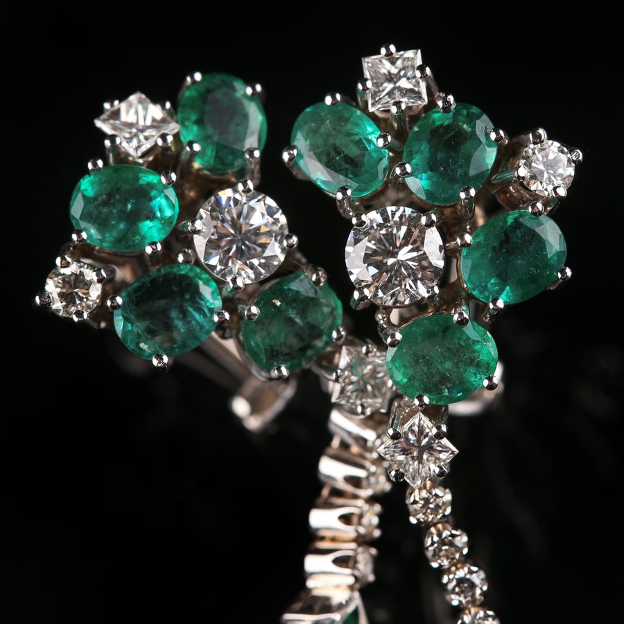 Antique 19K White Gold Earrings - Emeralds and Diamonds