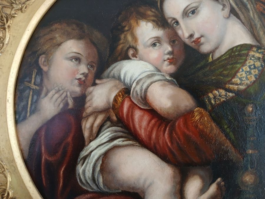 Antique 19th Century Oil. After Raphael. 'Madonna della Seggiola'