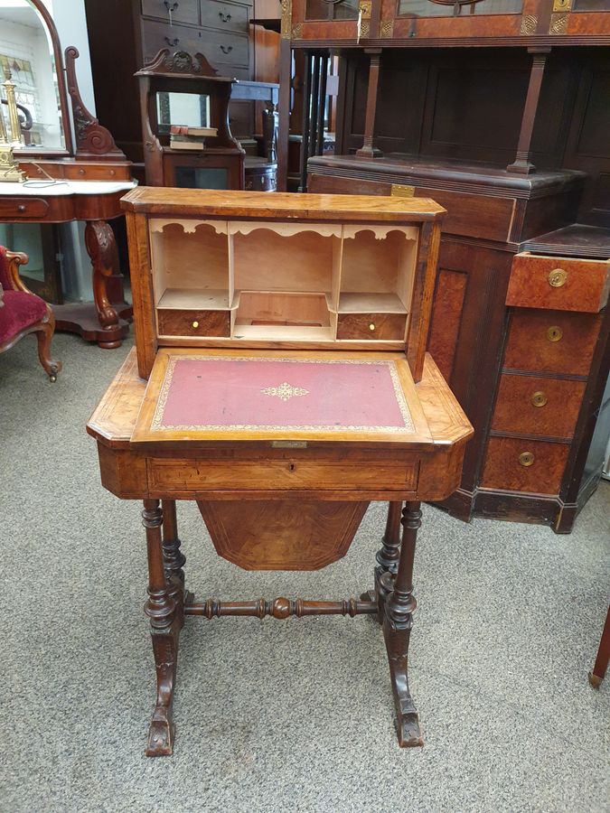 Antique Antique Small Victorian Walnut Sewing Work Writing Table 