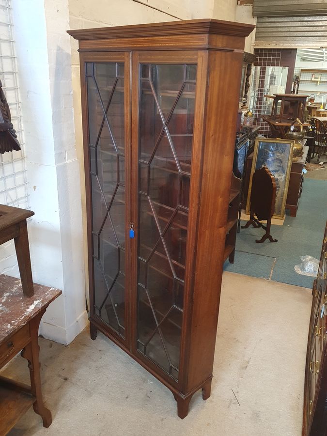 Antique Tall Antique Edwardian Inlaid 2dr Bookcase Display Cabinet 