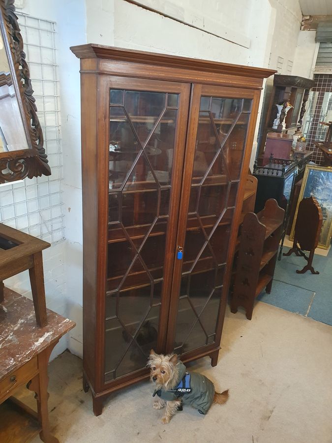 Antique Tall Antique Edwardian Inlaid 2dr Bookcase Display Cabinet 