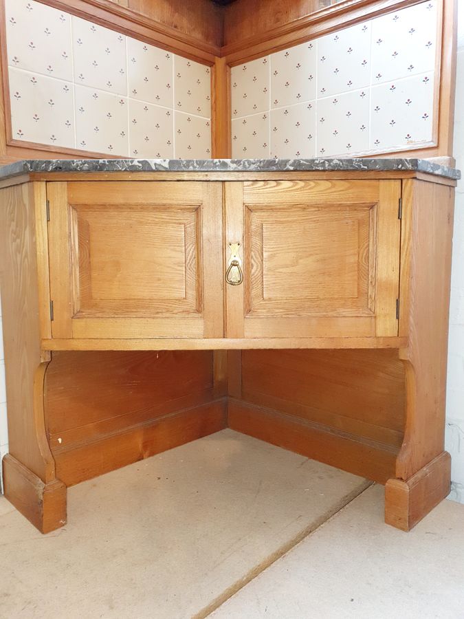 Antique Antique Arts & Crafts Pine Marble Top Corner Table Cabinet 