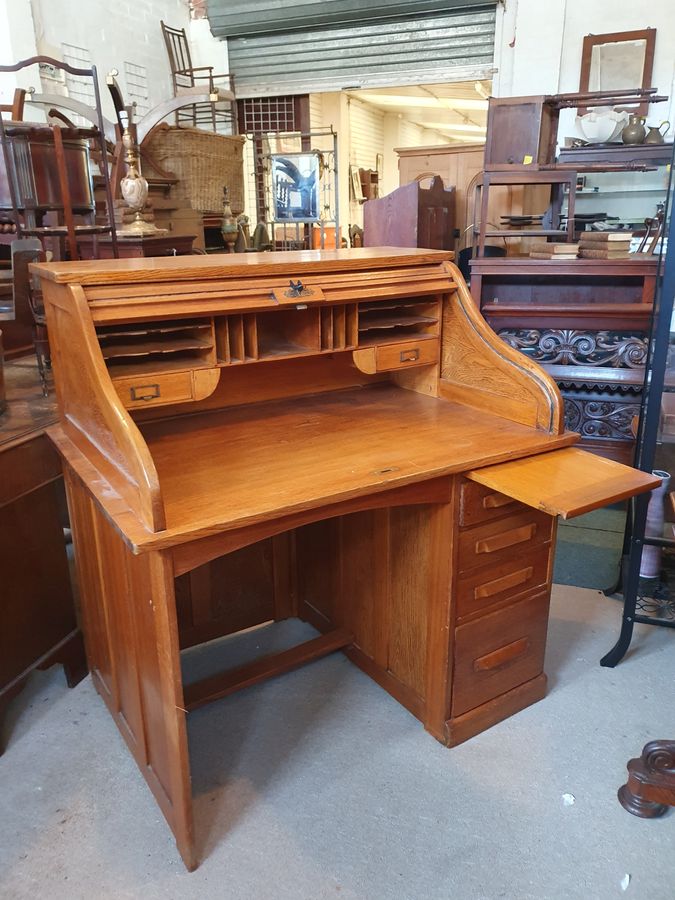 Antique Edwardian Oak Roll Top Office Writing Desk
