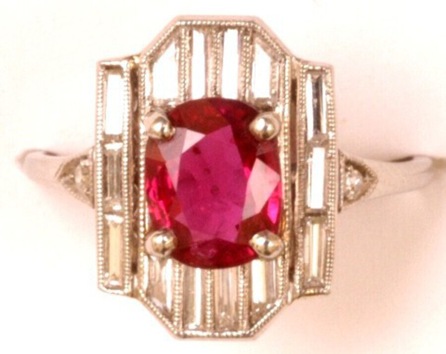 DECO RUBY AND DIAMOND PLAQUE RING