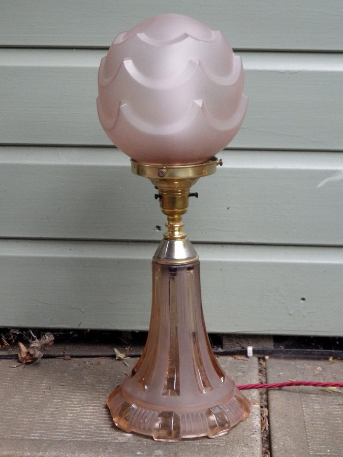 Antique ART DECO 1930s Pink Frosted Pressed Glass TABLE LAMP