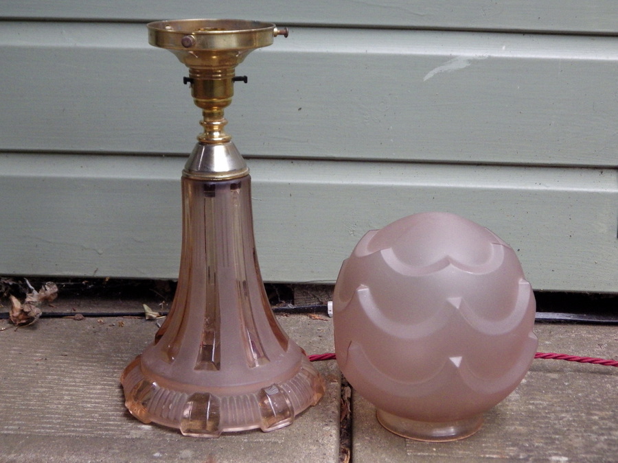 Antique ART DECO 1930s Pink Frosted Pressed Glass TABLE LAMP