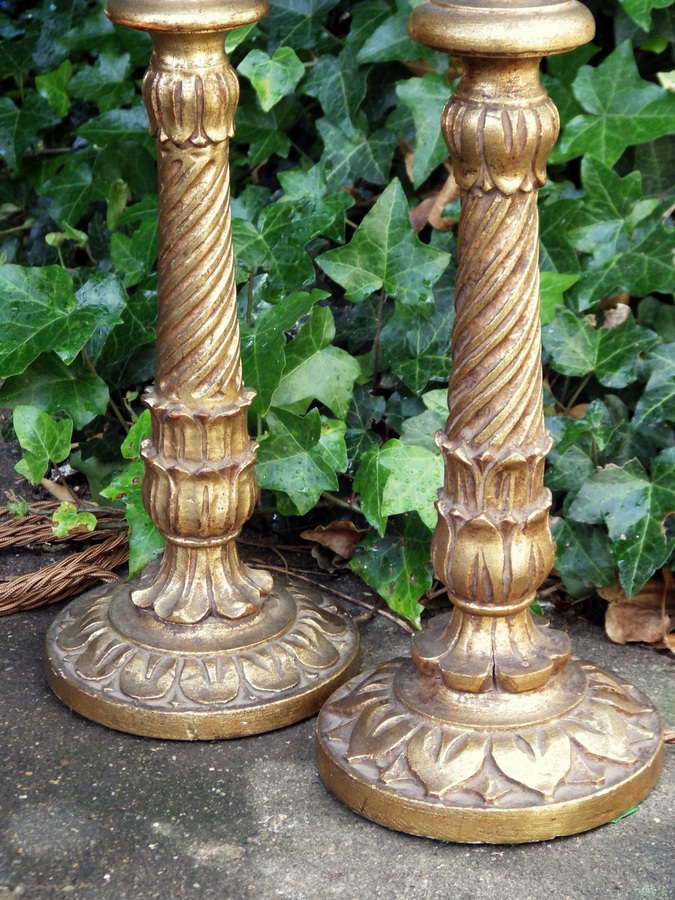Antique ANTIQUE Italian Carved Giltwood PAIR OF TABLE LAMPS
