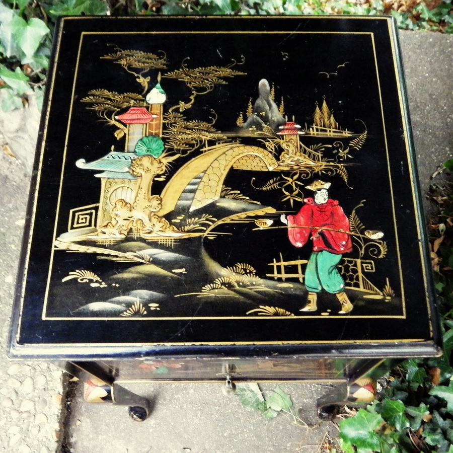 Antique CHINOISERIE Antique Early 20th Century Black DECORATIVE SEWING TABLE