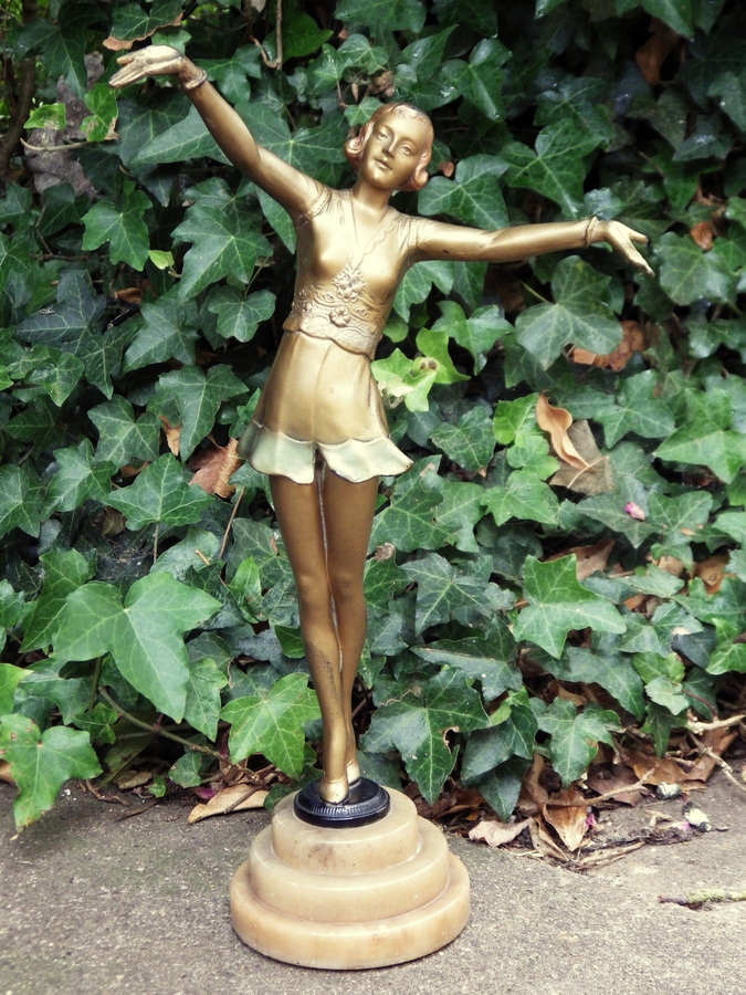 Antique ART DECO Original 1930s Tall Spelter Dancing Lady FIGURE ON MARBLE BASE