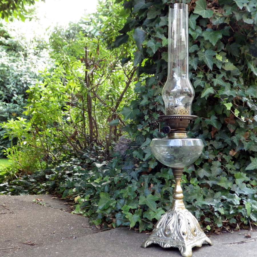 ART NOUVEAU 19th Century Brass & Glass ANTIQUE OIL LAMP