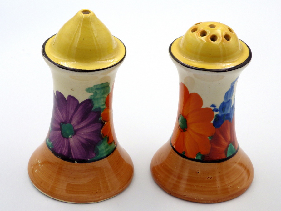 Antique CLARICE CLIFF Bizarre Cruet GAYDAY MUFFINEER SALT & PEPPER