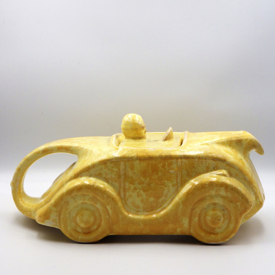 Antique SADLER 1940s Art Deco Mottled Yellow Pottery RACING CAR TEAPOT