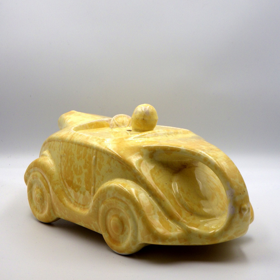 Antique SADLER 1940s Art Deco Mottled Yellow Pottery RACING CAR TEAPOT