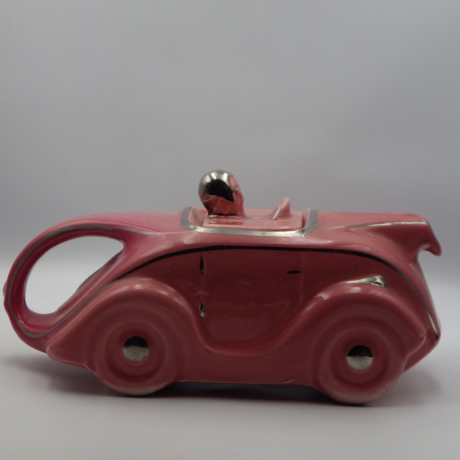 Antique SADLER 1940s Art Deco Pink Pottery RACING CAR TEAPOT