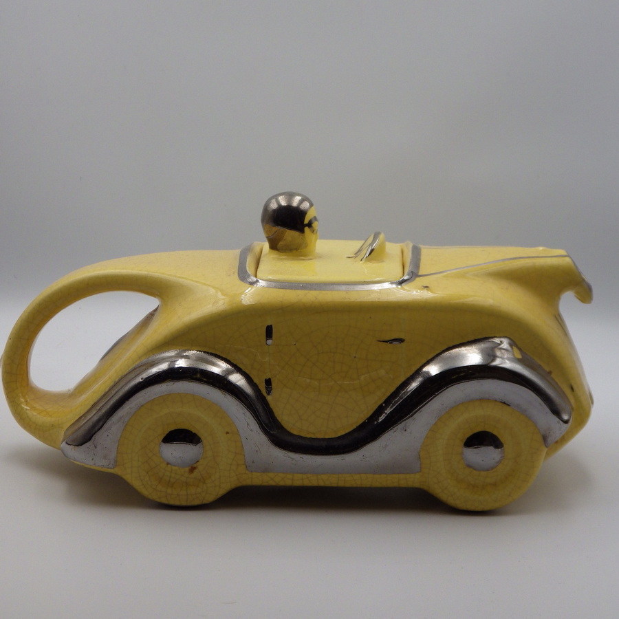 Antique SADLER 1930s Art Deco Yellow Pottery RACING CAR TEAPOT