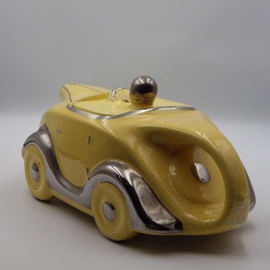 Antique SADLER 1930s Art Deco Yellow Pottery RACING CAR TEAPOT