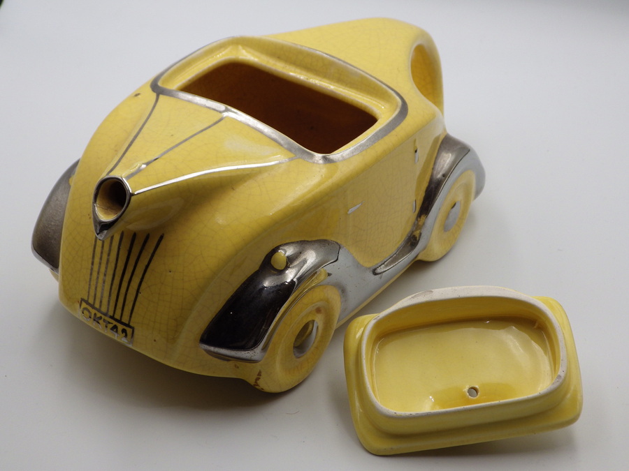 Antique SADLER 1930s Art Deco Yellow Pottery RACING CAR TEAPOT