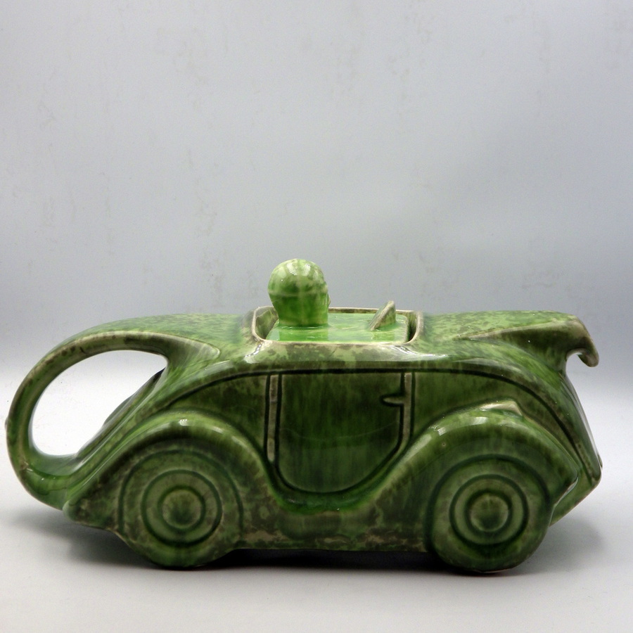 Antique SADLER 1940s Art Deco Mottled Green Pottery RACING CAR TEAPOT