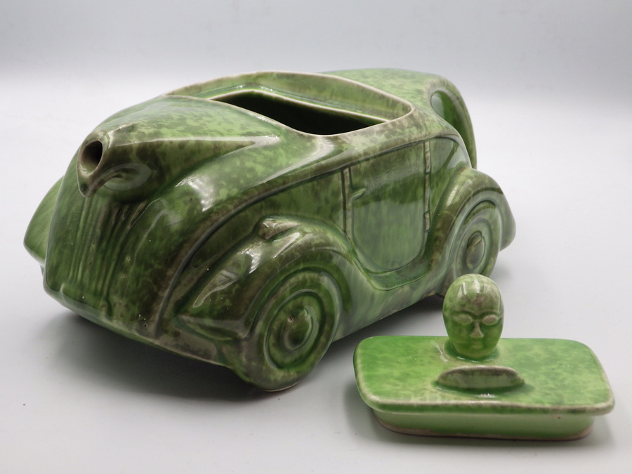 Antique SADLER 1940s Art Deco Mottled Green Pottery RACING CAR TEAPOT