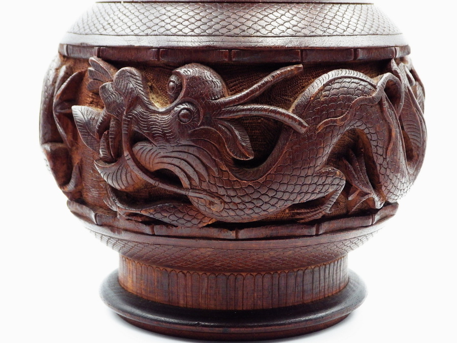 Antique CHINESE Antique Qing Dynasty Carved Hardwood TOBACCO JAR