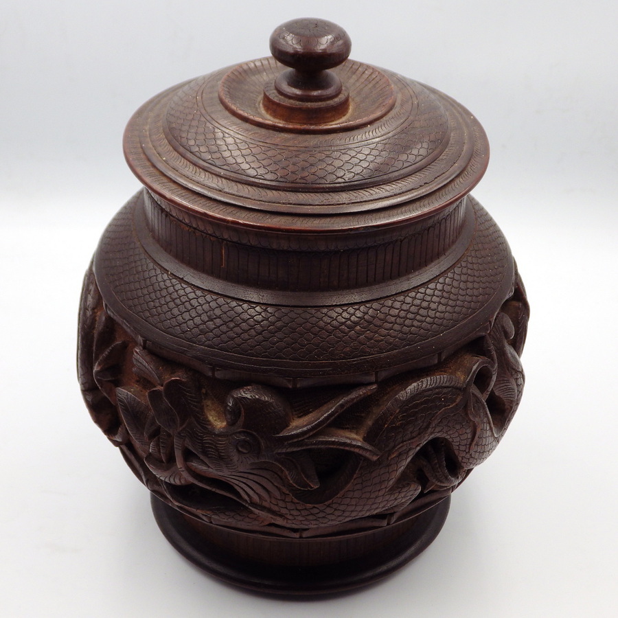 Antique CHINESE Antique Qing Dynasty Carved Hardwood TOBACCO JAR