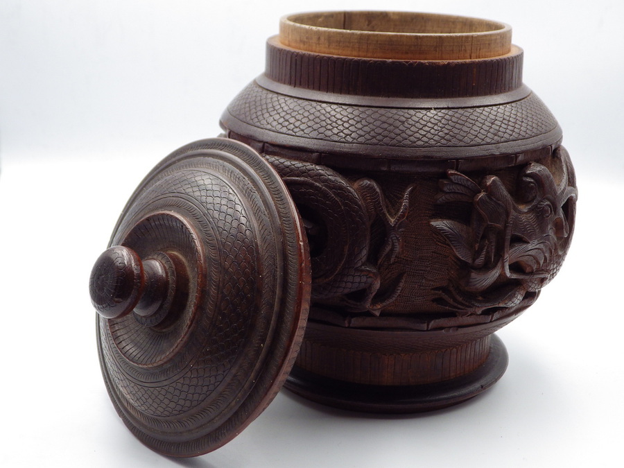 Antique CHINESE Antique Qing Dynasty Carved Hardwood TOBACCO JAR