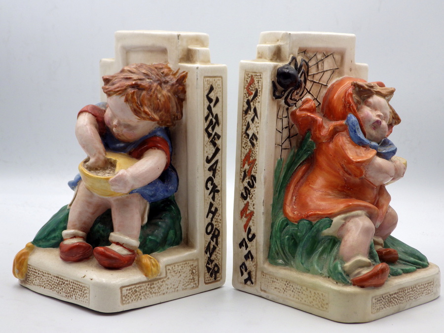 Antique BRETBY 1930s Art Deco Pottery Nursery Rhyme BOOKENDS