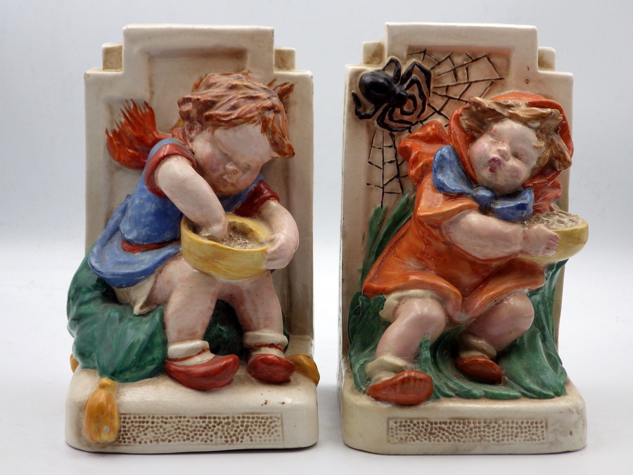 Antique BRETBY 1930s Art Deco Pottery Nursery Rhyme BOOKENDS