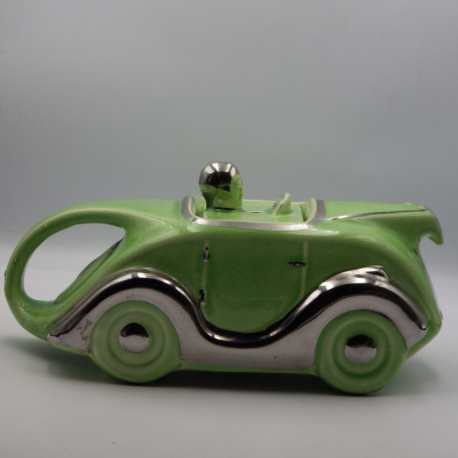 Antique SADLER 1930s Art Deco Green Pottery RACING CAR TEAPOT