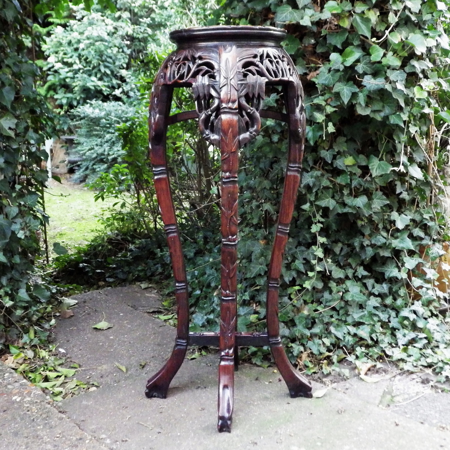 Antique CHINESE 19th Century Carved Hardwood & Marble Tall ANTIQUE VASE or PLANT STAND