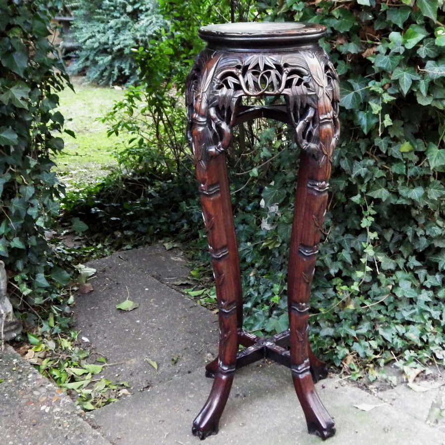 Antique CHINESE 19th Century Carved Hardwood & Marble Tall ANTIQUE VASE or PLANT STAND