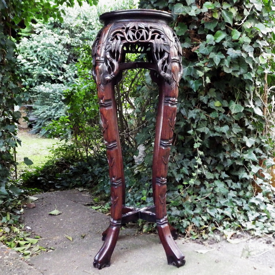 Antique CHINESE 19th Century Carved Hardwood & Marble Tall ANTIQUE VASE or PLANT STAND