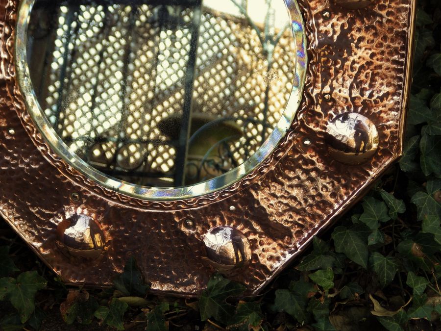 Antique ARTS & CRAFTS Riveted & Hammered Copper Framed OCTAGONAL WALL MIRROR