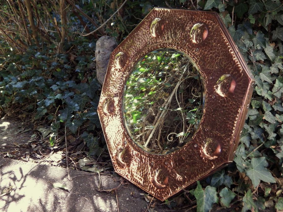 Antique ARTS & CRAFTS Riveted & Hammered Copper Framed OCTAGONAL WALL MIRROR