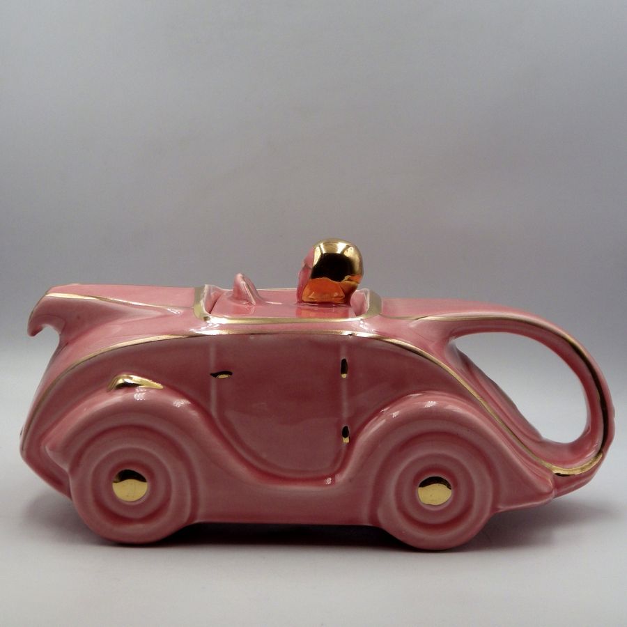 Antique SADLER 1930s Art Deco Pink & Gold Pottery RACING CAR TEAPOT